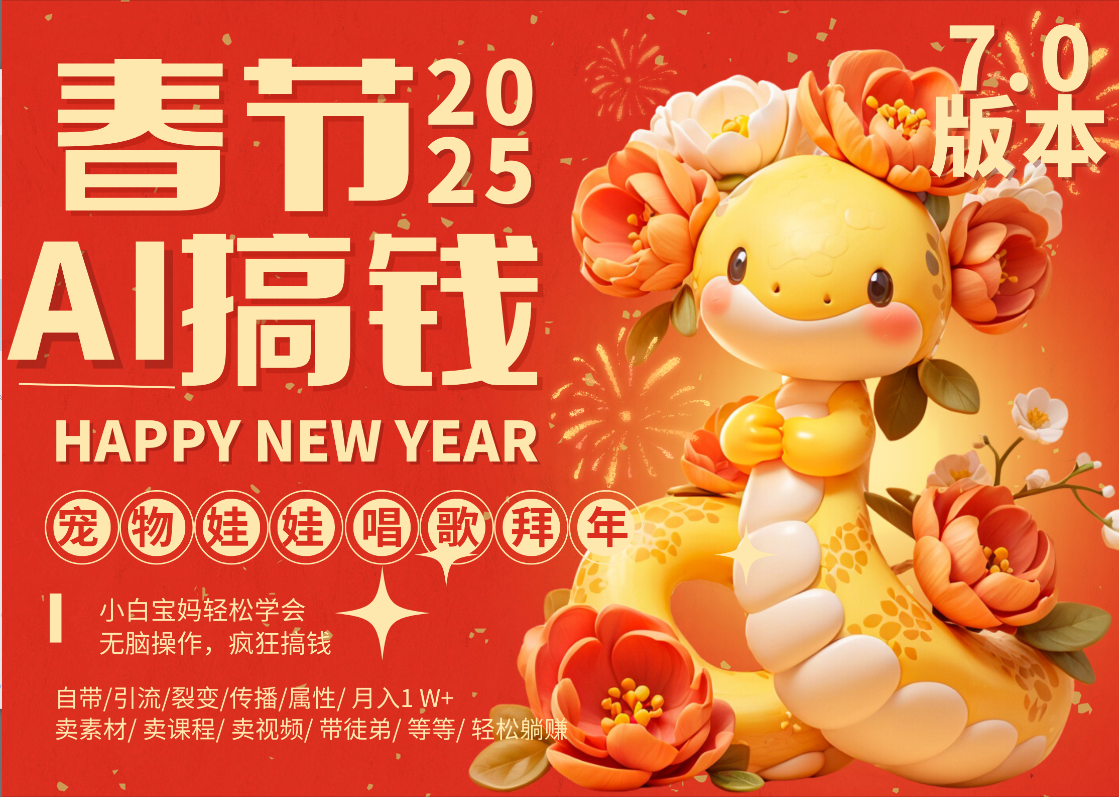 AI春节搞钱7.0升级版 蝴蝶号超火爆萌宠唱歌拜年  AI一键制作 批量出内容   春节做轻松躺赚 每日轻松十分钟  月赚米1W+  抓紧冲！可做视频 可卖素材只带小白和宝妈！多客网创-网创项目资源站-副业项目-创业项目-搞钱项目多客网创