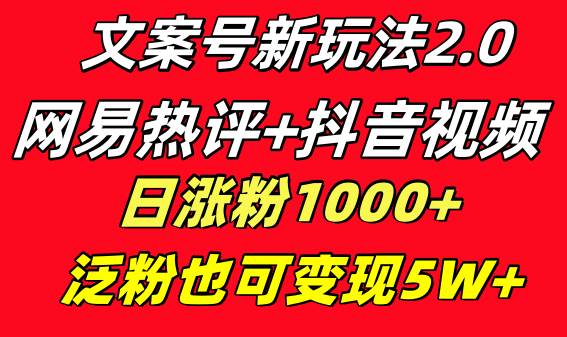 文案号新玩法 网易热评+抖音文案 一天涨粉1000+ 多种变现模式 泛粉也可变现多客网创-网创项目资源站-副业项目-创业项目-搞钱项目多客网创