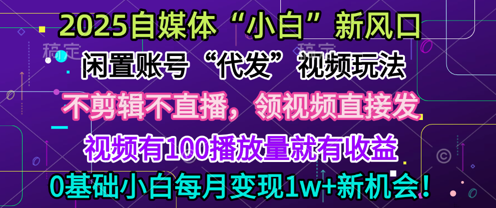 2025每月躺赚5w+新机会，闲置视频账号一键代发玩法，0粉不实名不剪辑，领了视频直接发，0基础小白也能日入300+多客网创-网创项目资源站-副业项目-创业项目-搞钱项目多客网创