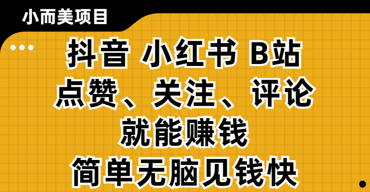 小而美的项目，抖音、小红书、B站视频点赞、关注、评论就能赚钱，简单无脑立见收益！妥妥的零撸项目多客网创-网创项目资源站-副业项目-创业项目-搞钱项目多客网创